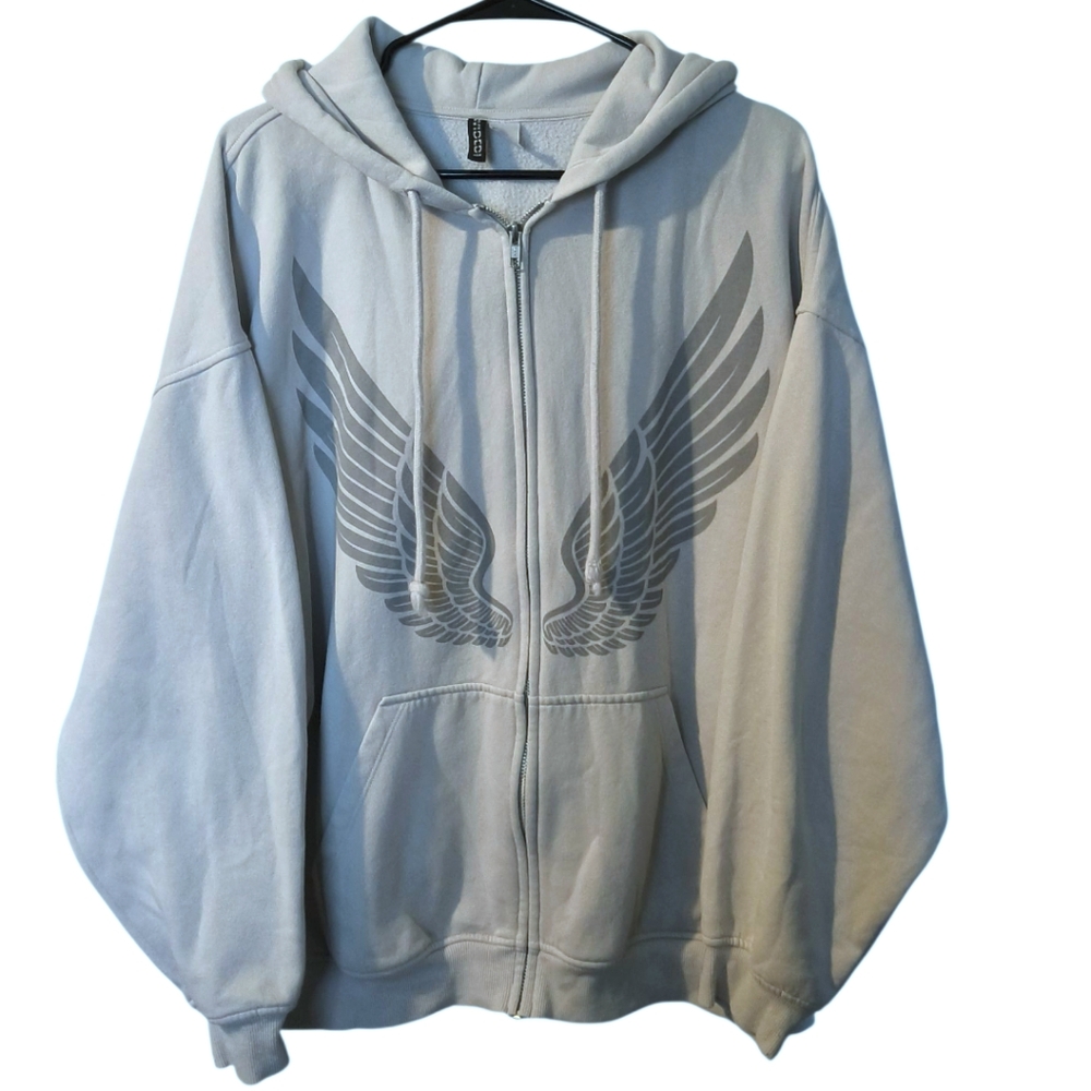 Divided Gray Zip-Up Hoodie with Wing Design Size XL